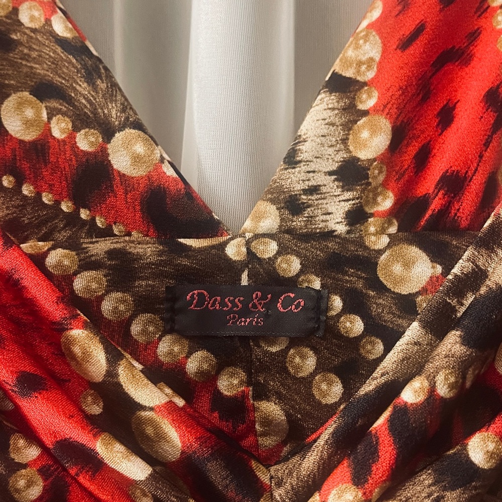 V neck red and brown dress